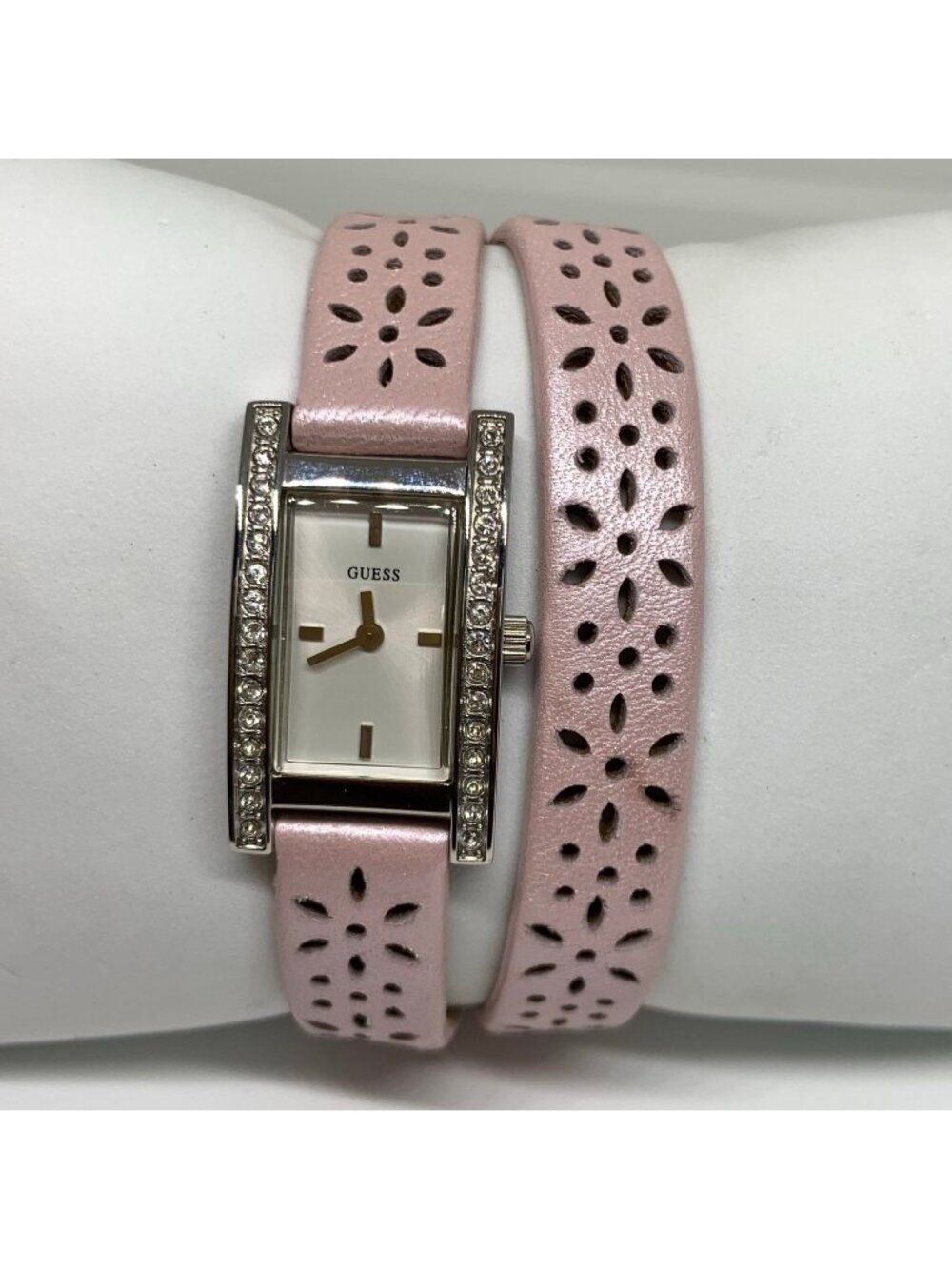 Guess Women's Pink Leather Floral Watch silver tone rhinestones up to 7” running
